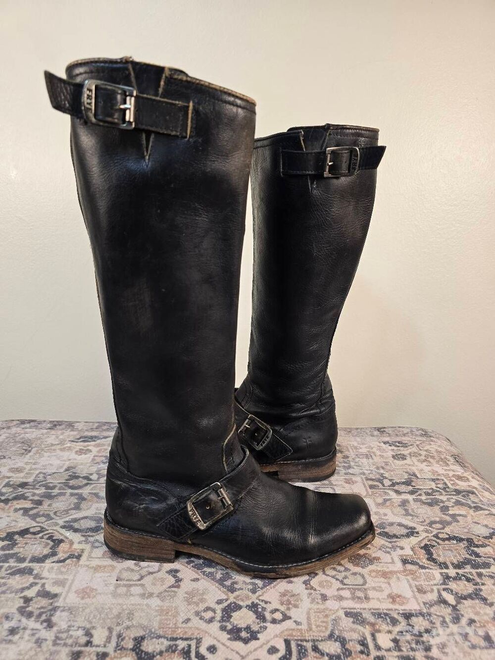 Frye Womens Smith Engineer Boots Tall Size 9 Black Distressed Leather